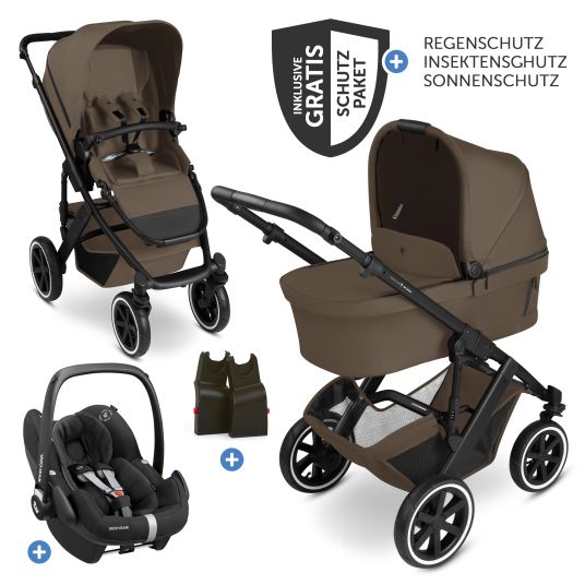 ABC Design Set passeggino 3in1 Salsa 5 Air - include navicella, seggiolino auto Pebble Pro, seggiolino sportivo con pacchetto accessori XXL - Marrone scuro