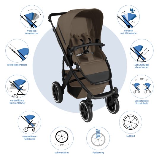 ABC Design Set passeggino 3in1 Salsa 5 Air - include navicella, seggiolino auto Pebble Pro, seggiolino sportivo con pacchetto accessori XXL - Marrone scuro