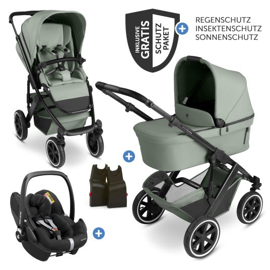 ABC Design Set passeggino 3in1 Salsa 5 Air - incluso navicella, seggiolino auto Pebble Pro, seggiolino sportivo con pacchetto accessori XXL - Pino