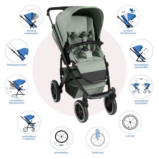 ABC Design Set passeggino 3in1 Salsa 5 Air - incluso navicella, seggiolino auto Pebble Pro, seggiolino sportivo con pacchetto accessori XXL - Pino