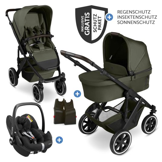 ABC Design Set passeggino 3in1 Salsa 5 Air - incluso navicella, seggiolino auto Pebble Pro, seggiolino sportivo con pacchetto accessori XXL - Pure - Avocado