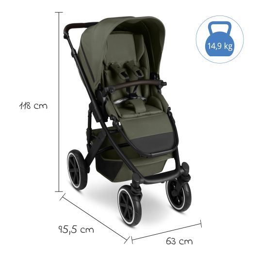 ABC Design Set passeggino 3in1 Salsa 5 Air - incluso navicella, seggiolino auto Pebble Pro, seggiolino sportivo con pacchetto accessori XXL - Pure - Avocado