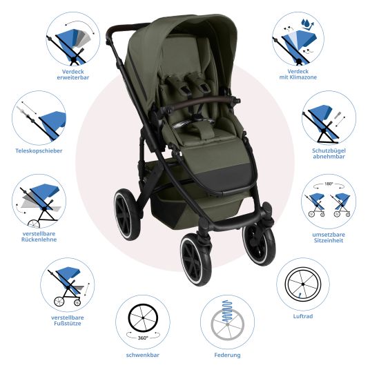 ABC Design Set passeggino 3in1 Salsa 5 Air - incluso navicella, seggiolino auto Pebble Pro, seggiolino sportivo con pacchetto accessori XXL - Pure - Avocado