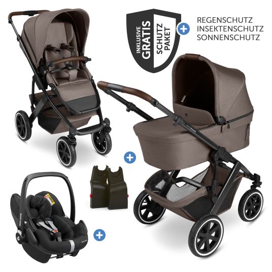 ABC Design Set passeggino 3in1 Salsa 5 Air - incluso navicella, seggiolino auto Pebble Pro, seggiolino sportivo con pacchetto accessori XXL - Pure - Nature