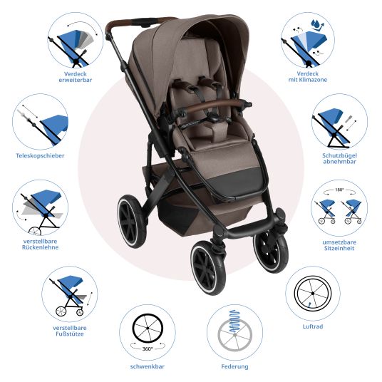 ABC Design Set passeggino 3in1 Salsa 5 Air - incluso navicella, seggiolino auto Pebble Pro, seggiolino sportivo con pacchetto accessori XXL - Pure - Nature