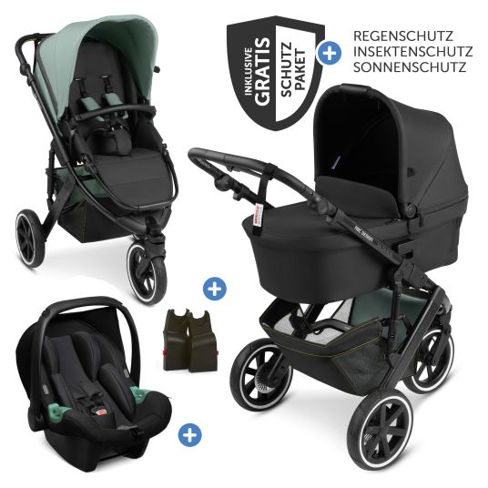 ABC Design 3in1 Kinderwagen-Set Salsa Run - Babywanne, Babyschale Tulip, Sportsitz mit XXL Zubehörpaket (mit Sportzulassung, Luftbereifung & Handbremse) - Aqua