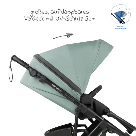 ABC Design 3in1 Kinderwagen-Set Salsa Run - Babywanne, Babyschale Tulip, Sportsitz mit XXL Zubehörpaket (mit Sportzulassung, Luftbereifung & Handbremse) - Aqua