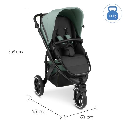 ABC Design 3in1 Kinderwagen-Set Salsa Run - Babywanne, Babyschale Tulip, Sportsitz mit XXL Zubehörpaket (mit Sportzulassung, Luftbereifung & Handbremse) - Aqua