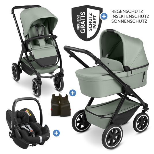 ABC Design Set passeggino 3in1 Samba 2 - incluso navicella, seggiolino auto Pebble Pro, seggiolino sportivo con pacchetto accessori XXL - Pino