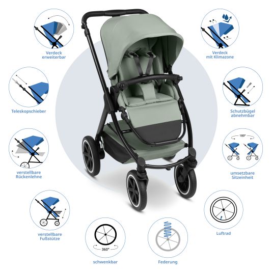 ABC Design Set passeggino 3in1 Samba 2 - incluso navicella, seggiolino auto Pebble Pro, seggiolino sportivo con pacchetto accessori XXL - Pino