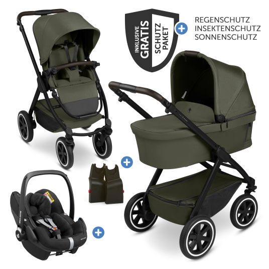 ABC Design Set passeggino 3in1 Samba 2 - incluso navicella, seggiolino auto Pebble Pro, seggiolino sportivo con pacchetto accessori XXL - Pure - Avocado