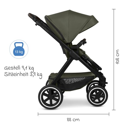 ABC Design Set passeggino 3in1 Samba 2 - incluso navicella, seggiolino auto Pebble Pro, seggiolino sportivo con pacchetto accessori XXL - Pure - Avocado