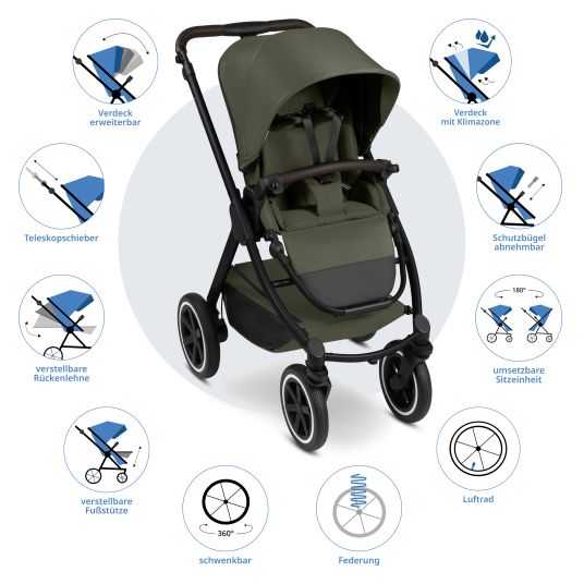 ABC Design Set passeggino 3in1 Samba 2 - incluso navicella, seggiolino auto Pebble Pro, seggiolino sportivo con pacchetto accessori XXL - Pure - Avocado