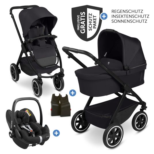 ABC Design Set passeggino 3in1 Samba 2 - incluso navicella, seggiolino auto Pebble Pro, seggiolino sportivo con pacchetto accessori XXL - Pure - Coal