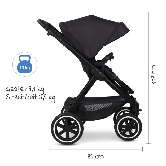 ABC Design Set passeggino 3in1 Samba 2 - incluso navicella, seggiolino auto Pebble Pro, seggiolino sportivo con pacchetto accessori XXL - Pure - Coal