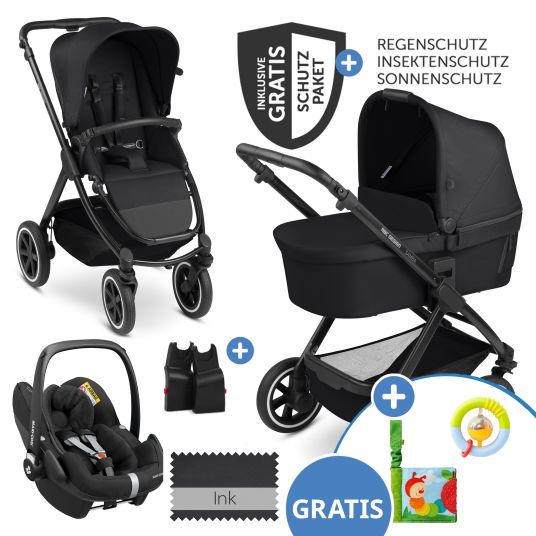 ABC Design Set passeggino Samba 3in1 - include navicella, seggiolino Pebble Pro, seggiolino sportivo, giocattolo da afferrare, libro del passeggino e pacchetto accessori XXL - Ink