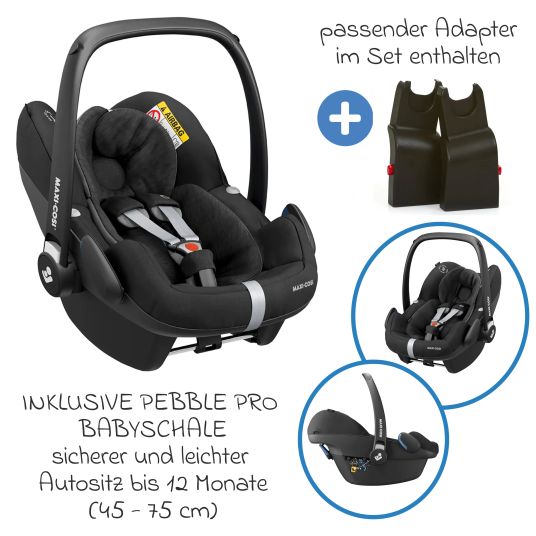 ABC Design Set passeggino Samba 3in1 - include navicella, seggiolino Pebble Pro, seggiolino sportivo, giocattolo da afferrare, libro del passeggino e pacchetto accessori XXL - Ink