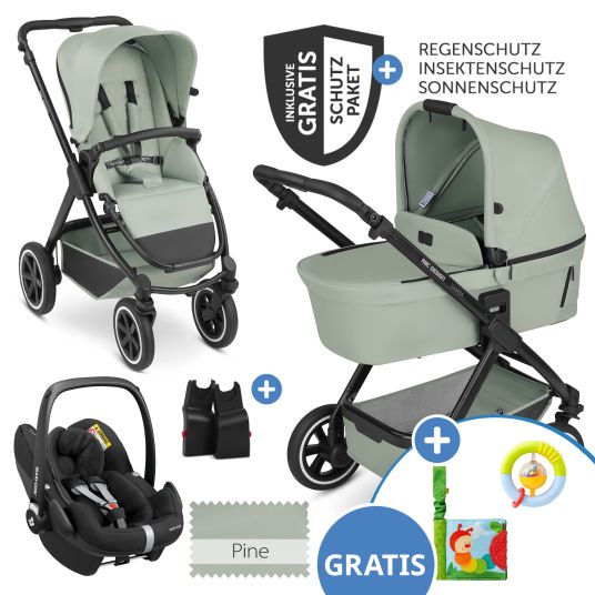 ABC Design Set passeggino Samba 3in1 - include navicella, seggiolino Pebble Pro, seggiolino sportivo, giocattolo da afferrare, libro del passeggino e pacchetto accessori XXL - Pino