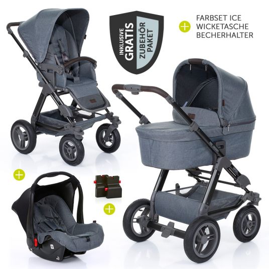ABC Design 3in1 Kinderwagenset Viper 4 mit Lufträdern - inkl. Autositz, Babywanne, Wechsel-Farbset Ice & Zubehörpaket - Mountain