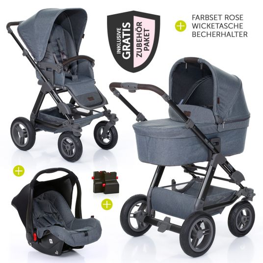 ABC Design 3in1 stroller set Viper 4 with air wheels - incl. car seat, baby bath, change color set Rose & accessories package - Mountain