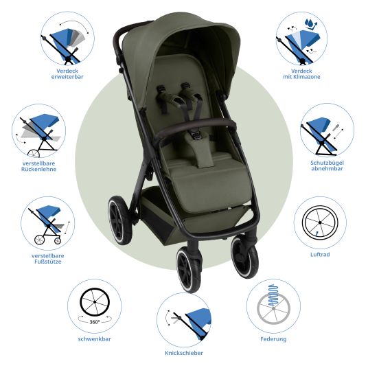 ABC Design Buggy & pushchair Avus 2 Air with pneumatic wheels, one-hand folding and height-adjustable push bar - Pure - Avocado