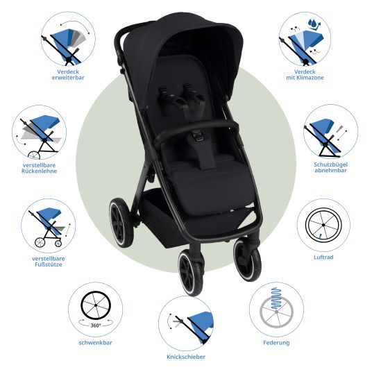 ABC Design Buggy & pushchair Avus 2 Air with pneumatic wheels, one-hand folding and height-adjustable push bar - Pure - Coal