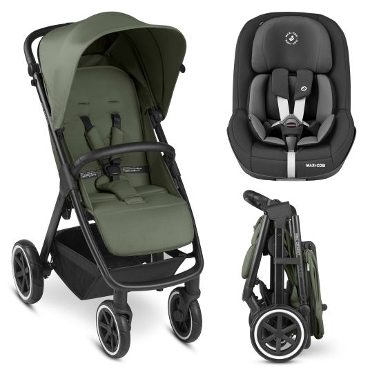 ABC Design Passeggino e carrozzina Avus Air incl. Reboarder Pearl Pro 2 - con ruote pneumatiche, pieghevole con una sola mano e maniglione regolabile in altezza (capacità di carico fino a 25 kg) - Olive