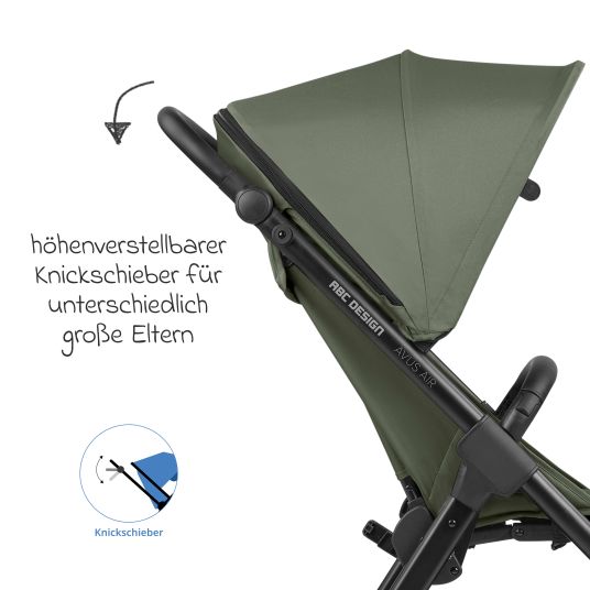 ABC Design Buggy & pushchair Avus Air incl. Reboarder Pearl Pro 2 - with pneumatic wheels, one-hand folding and height-adjustable push bar (load capacity up to 25 kg) - Olive