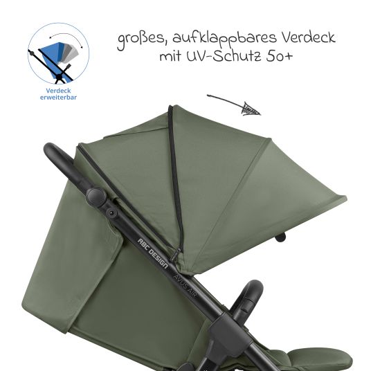 ABC Design Passeggino e carrozzina Avus Air incl. Reboarder Pearl Pro 2 - con ruote pneumatiche, pieghevole con una sola mano e maniglione regolabile in altezza (capacità di carico fino a 25 kg) - Olive