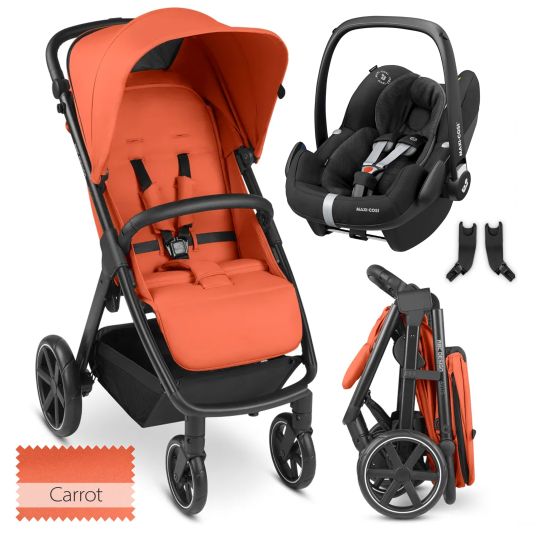 ABC Design Passeggino Avus con seggiolino auto Pebble Pro, pieghevole con una sola mano e maniglione regolabile in altezza (capacità di carico fino a 25 kg) - Carota