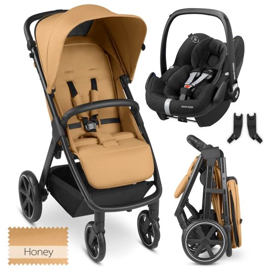 ABC Design Buggy & Sportwagen Avus inkl. Autositz Pebble Pro mit Einhand-Faltung und höhenverstellbarem Schieber (bis 25 kg belastbar) - Honey