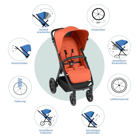 ABC Design Buggy & pushchair Avus incl. reboarder Pearl Pro 2 - with one-hand folding and height-adjustable push bar (load capacity up to 25 kg) - Carrot