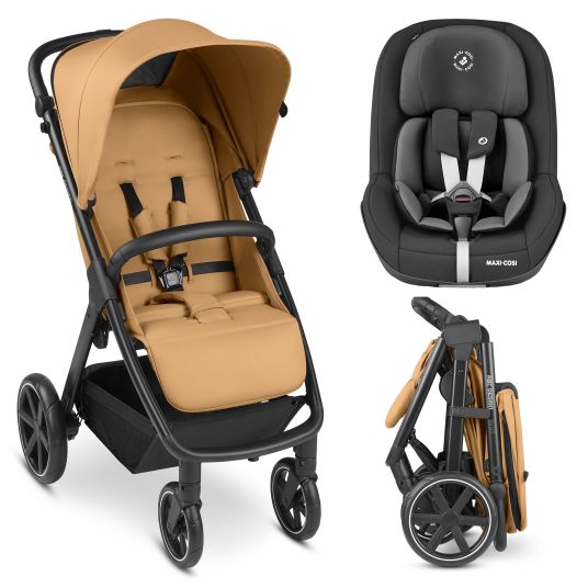 ABC Design Buggy & pushchair Avus incl. Reboarder Pearl Pro 2 - with one-hand folding and height-adjustable push bar (load capacity up to 25 kg) - Honey