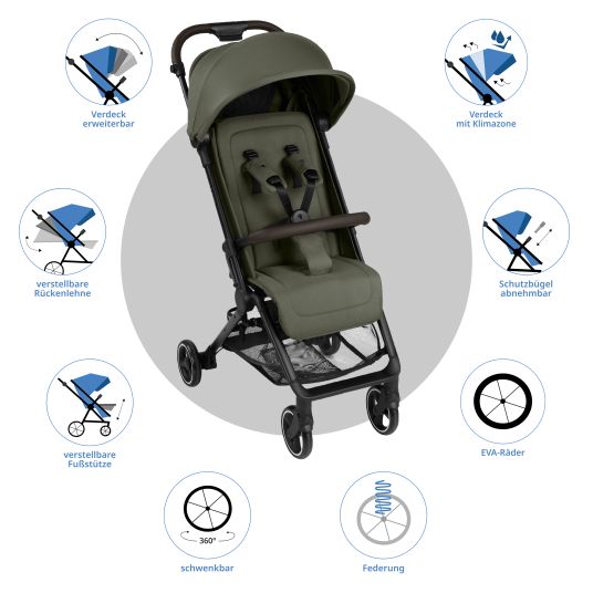 ABC Design Buggy & pushchair Ping 3 Travel up to 22 kg with flat reclining position incl. carrycot & shoulder strap - Pure - Avocado