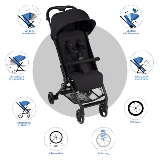 ABC Design Buggy & pushchair Ping 3 Travel up to 22 kg with flat reclining position incl. carrycot & shoulder strap - Pure - Coal