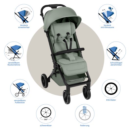 ABC Design Buggy & pushchair Ping 3 Trekking up to 22 kg with flat reclining position incl. seat insert, carry bag & shoulder strap - Pine