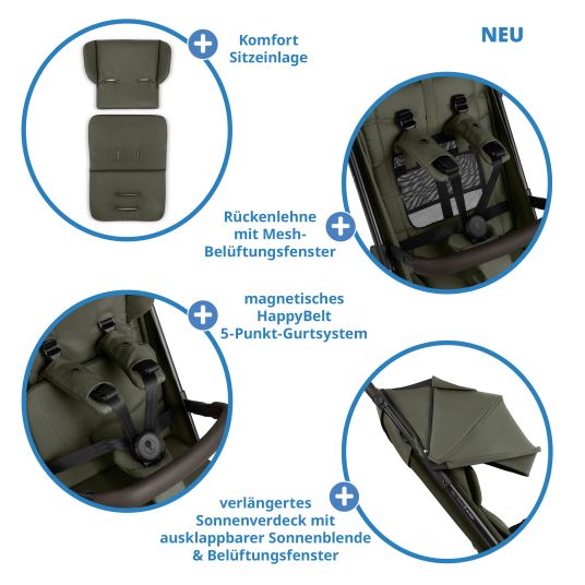 ABC Design Buggy & pushchair Ping 3 Trekking up to 22 kg with flat reclining position incl. seat insert, carrycot & shoulder strap - Pure - Avocado