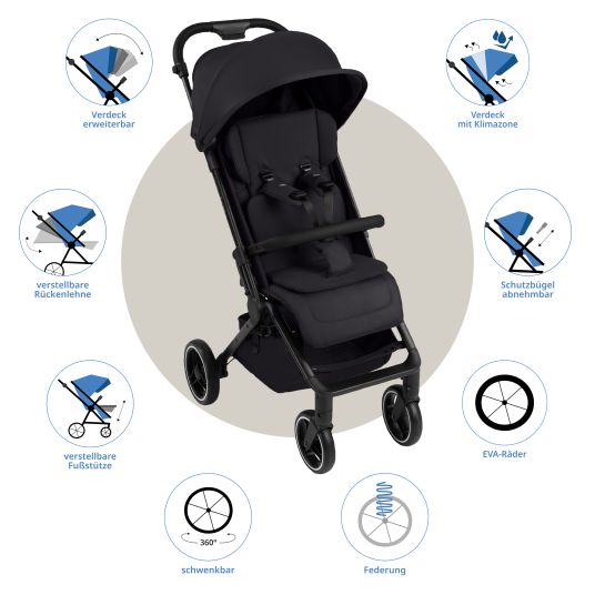 ABC Design Buggy & pushchair Ping 3 Trekking up to 22 kg with flat reclining position incl. seat insert, carrycot & shoulder strap - Pure - Coal