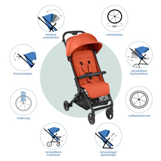 ABC Design Buggy & pushchair Ping Two incl. Reboarder Pearl Pro 2 - with flat reclining position, carrycot & shoulder strap - Classic Edition - Carrot