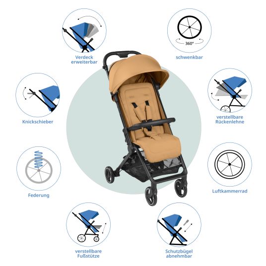 ABC Design Buggy & Sportwagen Ping Two inkl. Reboarder Pearl Pro 2 - mit flacher Liegeposition, Transporttasche & Tragegurt - Classic Edition - Honey