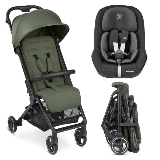 ABC Design Buggy & pushchair Ping Two incl. Reboarder Pearl Pro 2 - with flat reclining position, carrycot & shoulder strap - Classic Edition - Olive