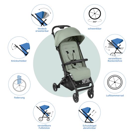 ABC Design Buggy & pushchair Ping Two incl. Reboarder Pearl Pro 2 - with flat reclining position, carrycot & shoulder strap - Classic Edition - Pine