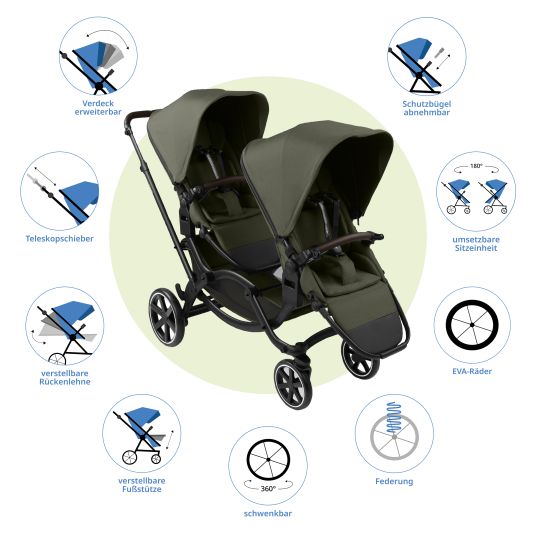 ABC Design Sibling baby carriage & twin baby carriage Zoom 2 incl. 2 sports seats, 2x wedge cushions & 2x inserts - Pure - Avocado