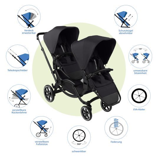 ABC Design Sibling baby carriage & twin baby carriage Zoom 2 incl. 2 sports seats, 2x wedge cushions & 2x inserts - Pure - Coal