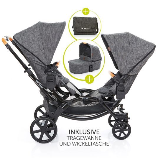 ABC Design Sibling carriage & twin pushchair Zoom incl. carrycot and diaper bag - Wood