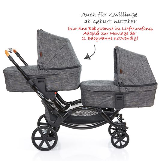ABC Design Sibling carriage & twin pushchair Zoom incl. carrycot and diaper bag - Wood