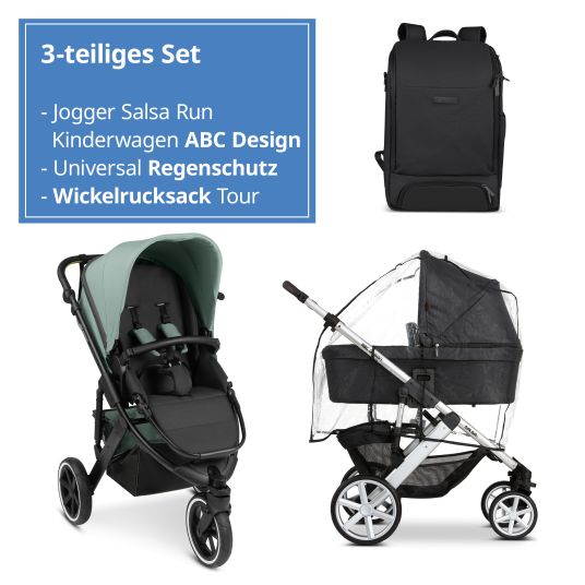 ABC Design Jogger Salsa Run - Runner mit Sportzulassung, Luftbereifung, Handbremse inkl. Wickelrucksack & Regenschutz - Aqua