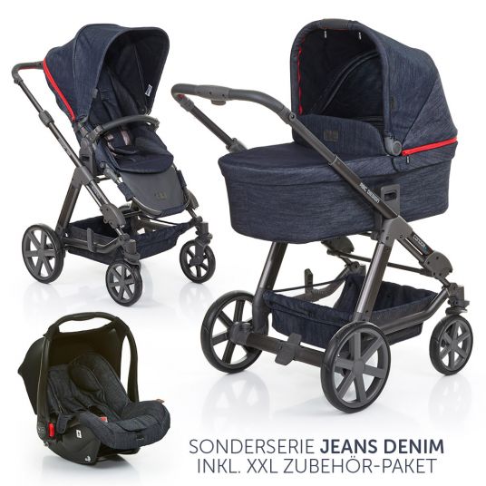 ABC Design Kombi-Kinderwagen Condor 4 - Komplett-Set mit XXL Zubehör Paket - Jeans Denim