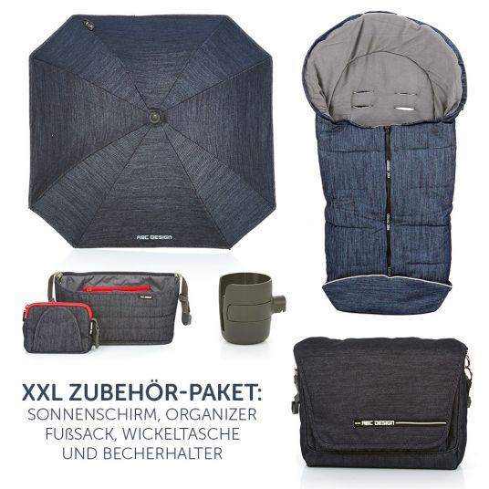 ABC Design Combi Stroller Condor 4 - Complete Set with XXL Accessories Package - Jeans Denim