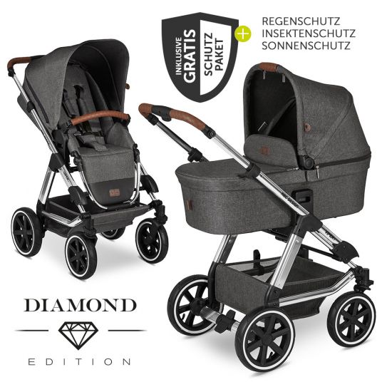 ABC Design Kombi-Kinderwagen Viper 4 Diamond Edition- inkl. Babywanne, Sportsitz & XXL Zubehörpaket - Asphalt